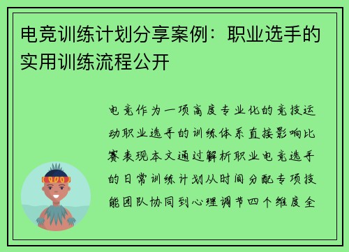 电竞训练计划分享案例：职业选手的实用训练流程公开