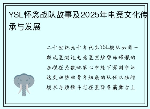 YSL怀念战队故事及2025年电竞文化传承与发展