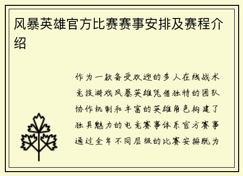 风暴英雄官方比赛赛事安排及赛程介绍