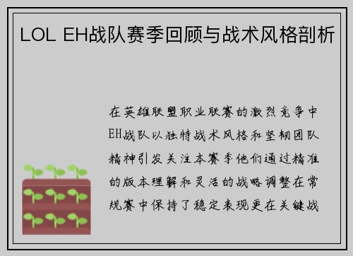 LOL EH战队赛季回顾与战术风格剖析