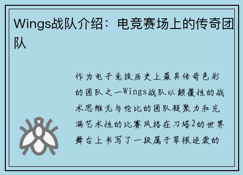 Wings战队介绍：电竞赛场上的传奇团队